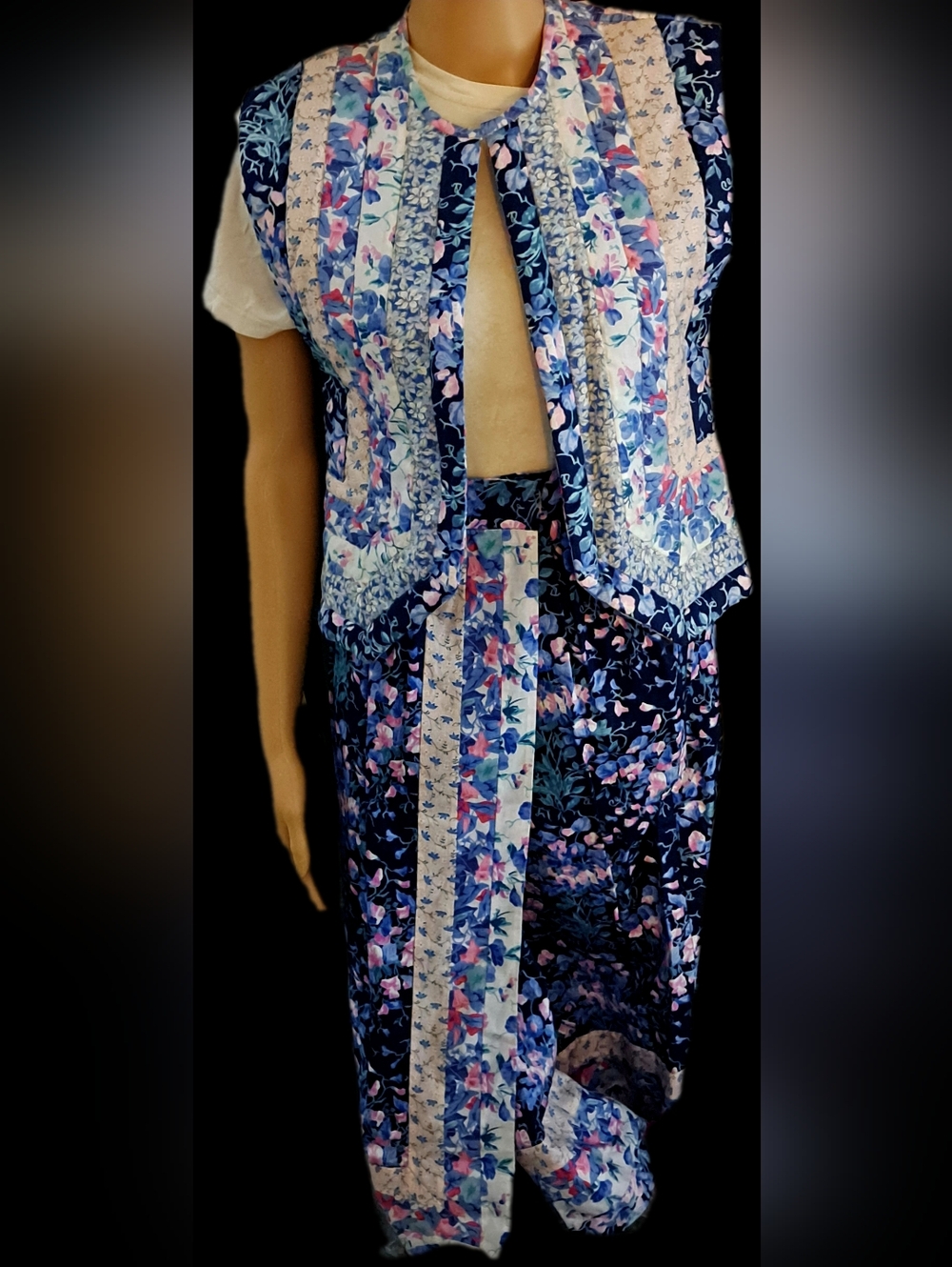 Vintage Handsewn Quilted Floral Patchwork Vest & Long Wrap Skirt Navy White Pink